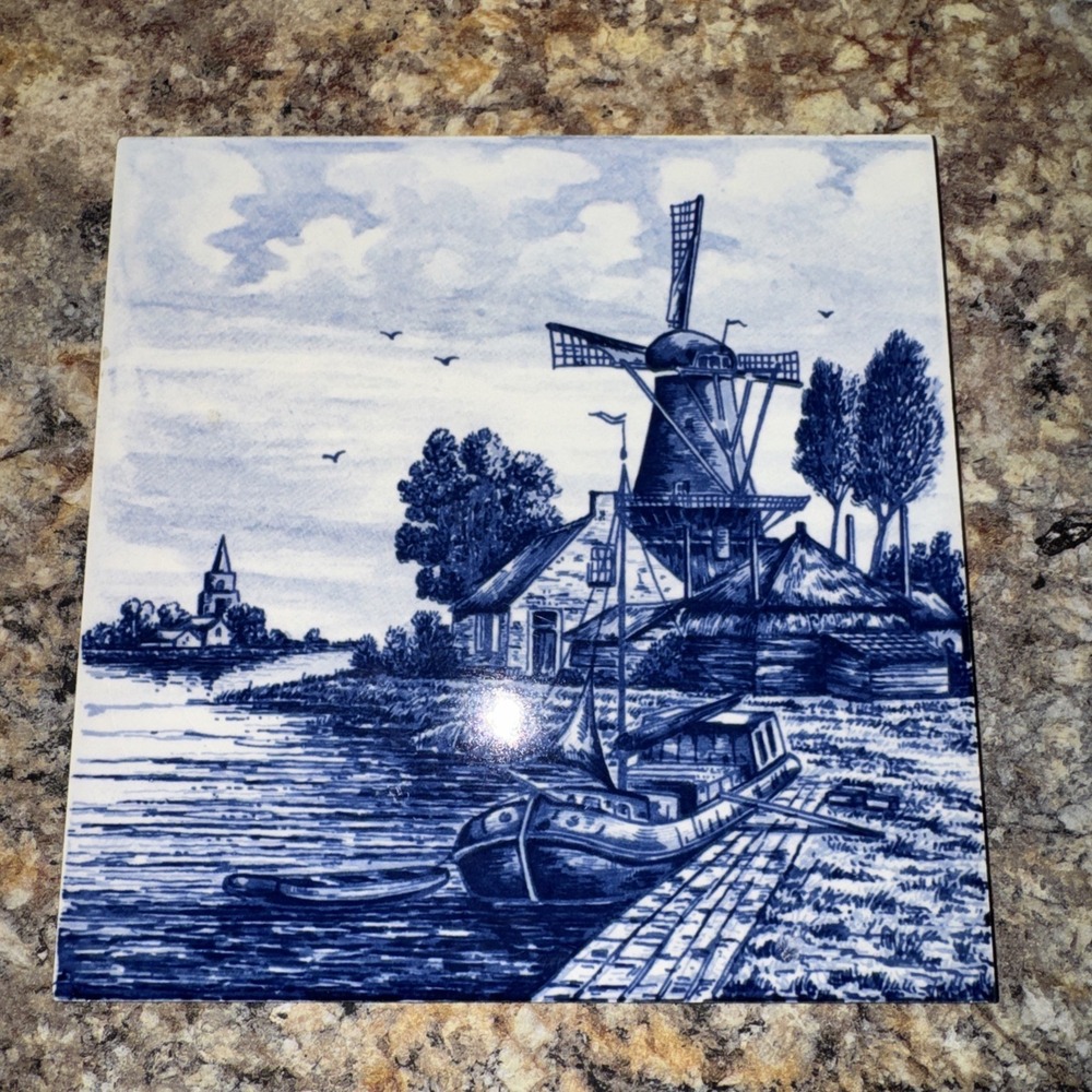 Vtg Delft Dutch  Blue And White Tile Nautical ‎ Scene With Windmill Hand painted